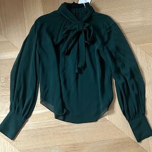 Frame Denim Green Silk Tie-Neck Blouse with Puff Sleeves -M - New